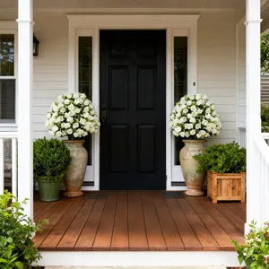 Outdoor porch decorated with artificial white rose topiaries and green bushes