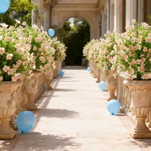 Detailed view of artificial garden flowers in elegant European stone planters on a path