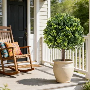 Lush artificial boxwood topiary tree in a beige pot on a sunny porch with rocking chair