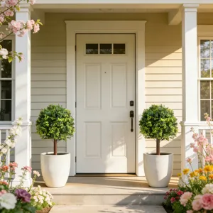 Two artificial boxwood topiary trees in white ceramic pots decorating a house front porch