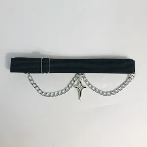 Lolita y2k black elastic leg garter with silver metal chains and star pendant detail.