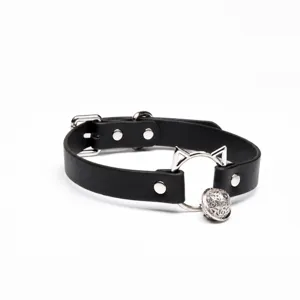 Black leather cat ear choker necklace with bell, gothic subculture style collar for women.