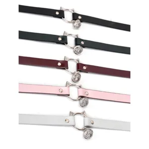 Cute cat ear leather choker necklace with hollow bell, Gothic subculture neck jewelry set.