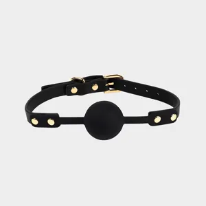 Collare BDSM professionale per bavaglio con sfera in pelle nera e parti metalliche.