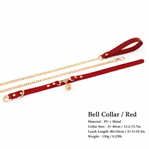 Dettaglio collare e guinzaglio per animali in ecopelle rossa con accessori in metallo.