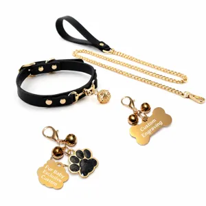 Set collare per animali in ecopelle nera e guinzaglio a catena con targhette incise personalizzate.
