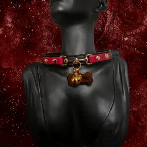 Black and red faux leather choker collar with gold hardware bell and bone charm.