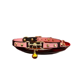 Black pink leather choker collar with gold metal horsebit and bell for women fashion