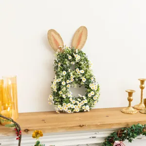 Charming Easter rabbit wreath made of white daisies and burlap ears on a mantle