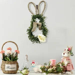 Handcrafted Easter bunny wreath with eucalyptus leaves and burlap ears for front door decor