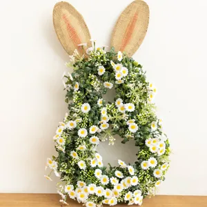 Easter Bunny Wreath Artificial Daisy Greenery Rabbit Shaped Wreath With Burlap Ears For Front Door Home Wall Decor Farmhouse Spring Holiday Hanging Decoration