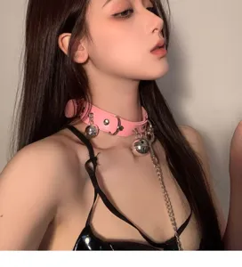 Pink leather choker necklace with metal chain and bells for women edgy fashion style