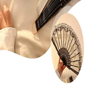 Detailed view of the black lace folding fan, showcasing intricate vintage Chinese style lace.