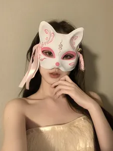 Japanische weiß-rosa Fuchsmaske mit Bändern und Glocke, perfekt für Partys und Cosplay.