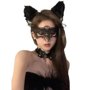 Ensemble serre-tete oreilles de chat noir masque en dentelle et choker pour fete Halloween