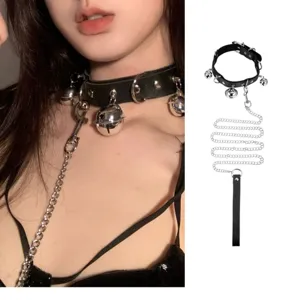 Gothic black leather choker necklace with metal bells and chain leash for women trendy punk style