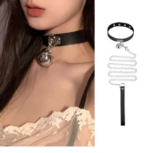 Punk style black leather choker necklace with bell and chain for women and girls daily wear
