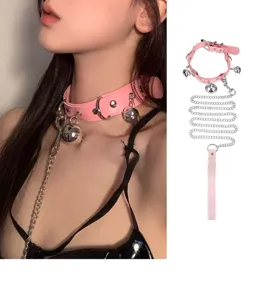 Pink PU leather bell choker necklace with metal chain, punk harajuku style gothic jewelry.