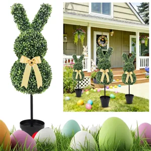Artificial boxwood bunny topiary potted plant with gold ribbon for Easter garden decor