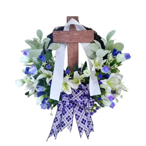 Handmade Easter cross wreath with white lilies and blue checkered bow for front door