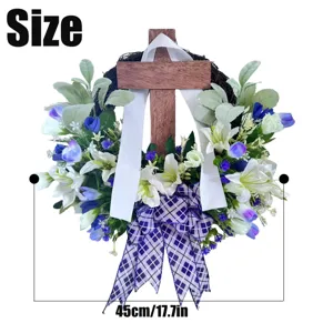 Detailed view of the 17.7 inch Easter cross wreath featuring white lilies and bow