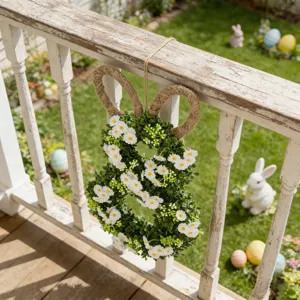 Gedetailleerd overzicht van een paashaaskrans hangend aan een witte houten veranda-leuning.