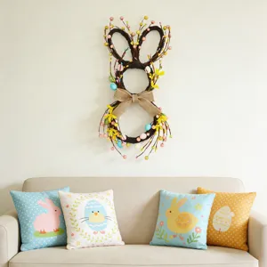 Easter bunny wreath with colorful eggs and berries hanging above a decorated sofa