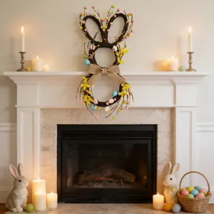 Rabbit-shaped Easter wreath with colorful eggs and burlap bow on a white fireplace