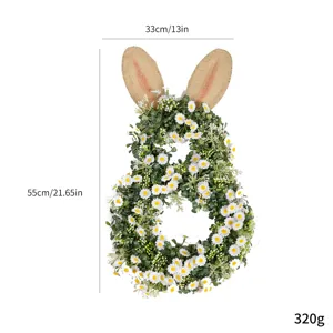 Detailed view of artificial daisy Easter bunny wreath with dimensions and weight info