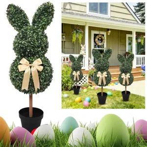 Artificial Easter bunny boxwood topiary in pot for outdoor garden decoration scenes.