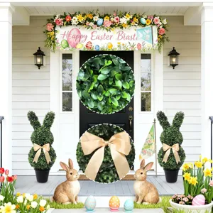 Easter rabbit boxwood topiary outdoor porch decor with realistic green leaf details