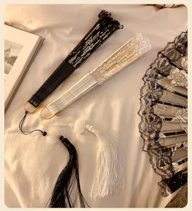 Detailed view of Chinese style folding fan with lace and tassel, perfect for summer daily photography.