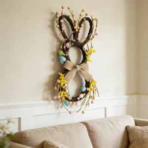 Easter bunny wreath with colorful eggs and burlap bow hanging on wall for home decor