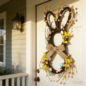 Detailed view of an Easter bunny wreath with colorful eggs on a white front door