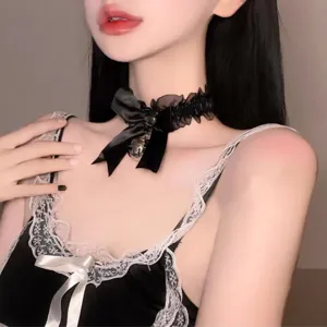 Black lace choker necklace with cute little bell, stylish gothic design for women fashion.
