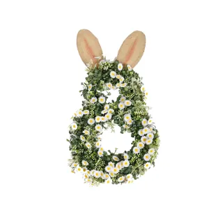 Rabbit shaped Easter wreath with artificial daisies and burlap ears for door decor