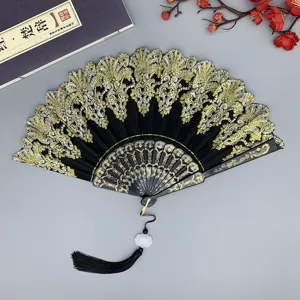 Éventail Pliant en Plastique de Style Chinois Nouveau Tissu en Dentelle Motif de Nuage de Bon Augure Gland Éventail de Danse Décoration