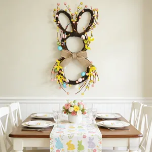 Decorative Easter bunny wreath hanging on a wall in a bright dining room setting.