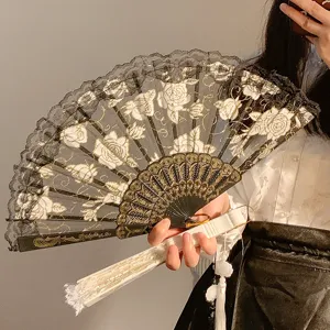 New Chinese style black lace folding fan with gold floral embroidery, vintage dance fan.