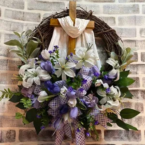 Easter Cross Wreath For Front Door Decoration Artificial Lily Tulip Flowers Wreath With Wood Cross Purple Checkered Bow