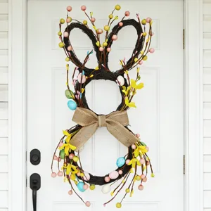 Foldable Easter Bunny Rattan Wreath With Artificial Eggs And Burlap Bow Rustic Rabbit Garland For Front Door Home Decor