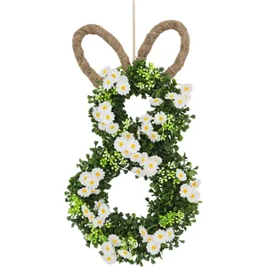 Decoratieve Paashaas krans met witte madeliefjes en jute oren voor de voordeur decor
