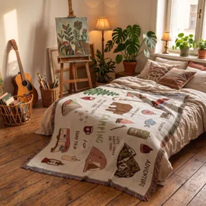 Detail view of a cozy woven camping blanket with retro illustrations in a sunlit bedroom