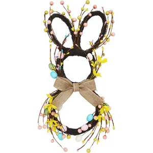 Rabbit shaped Easter wreath with pastel eggs and burlap bow for home decoration