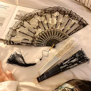 New Chinese style black lace folding fan set with gold embroidery and tassels for vintage photo.