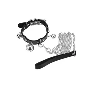 Gothic black leather choker necklace with silver bells and chain for women punk style