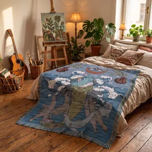 Bohemian woven throw blanket with mythical mermaid sea pattern and decorative tassel edges