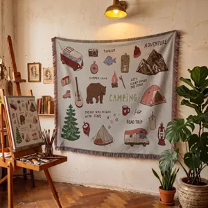 Vintage camping themed woven tapestry blanket with colorful fringe details.