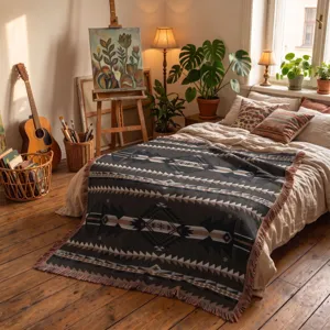 Cozy Bohemian Indian style woven throw blanket with geometric patterns in a bedroom