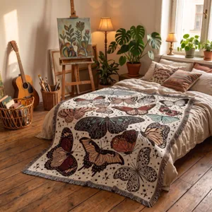 Bohemian gewebte Schmetterlingsdecke in einem sehr gemütlichen künstlerischen Studio